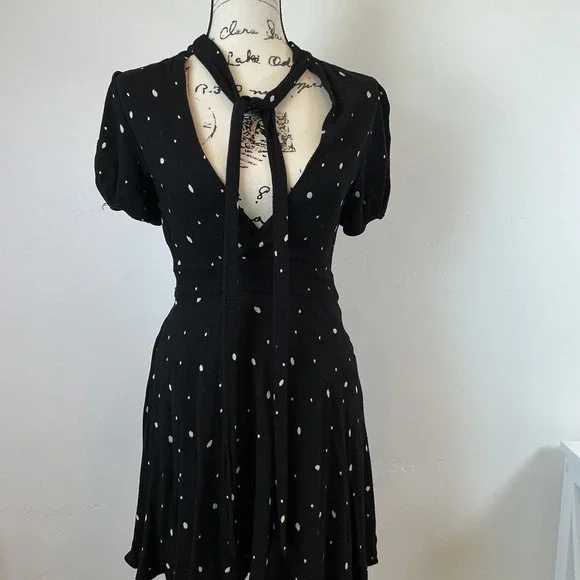 Free People Mini Dress Polka Dot Tie Neck Short Sleeve Black S - Picture 5 of 7